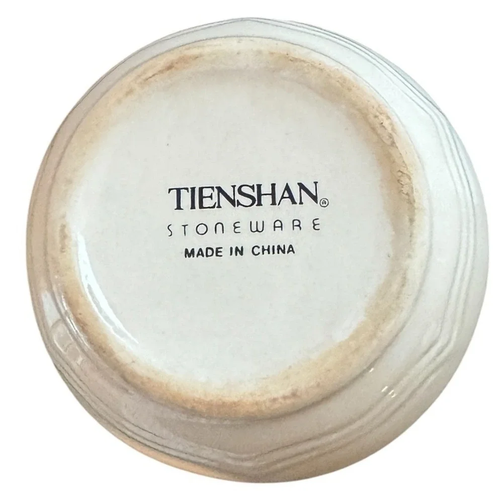 Tienshan Stoneware Teddy Bear Canister Jar with Lid Blue Bow Cream Vintage 6.5